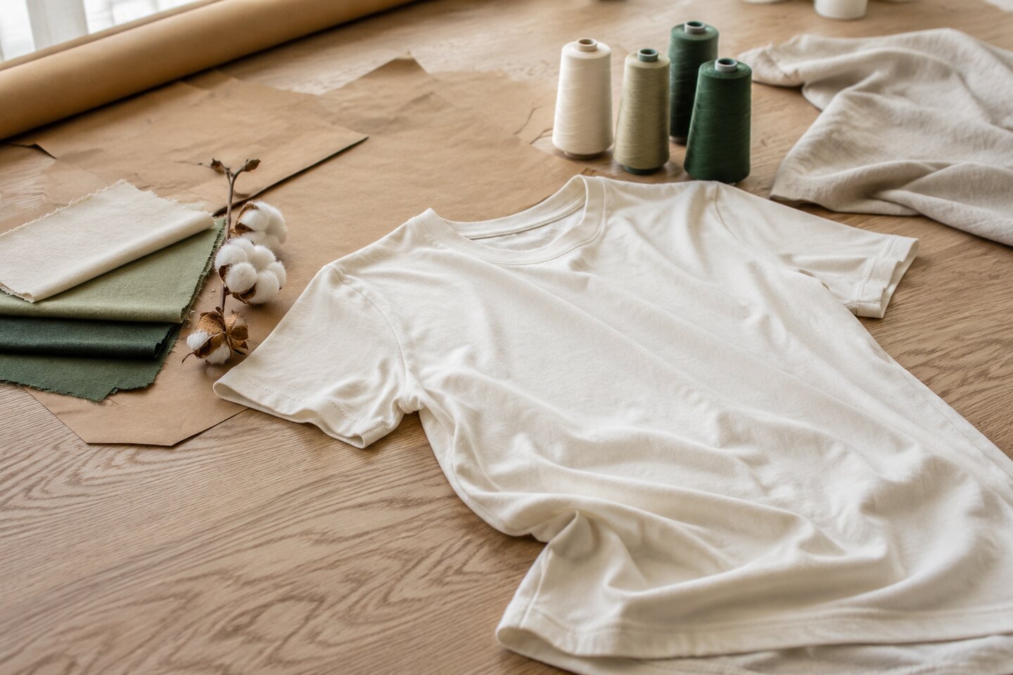 Cotton sample and pattern materials on an editorial development table